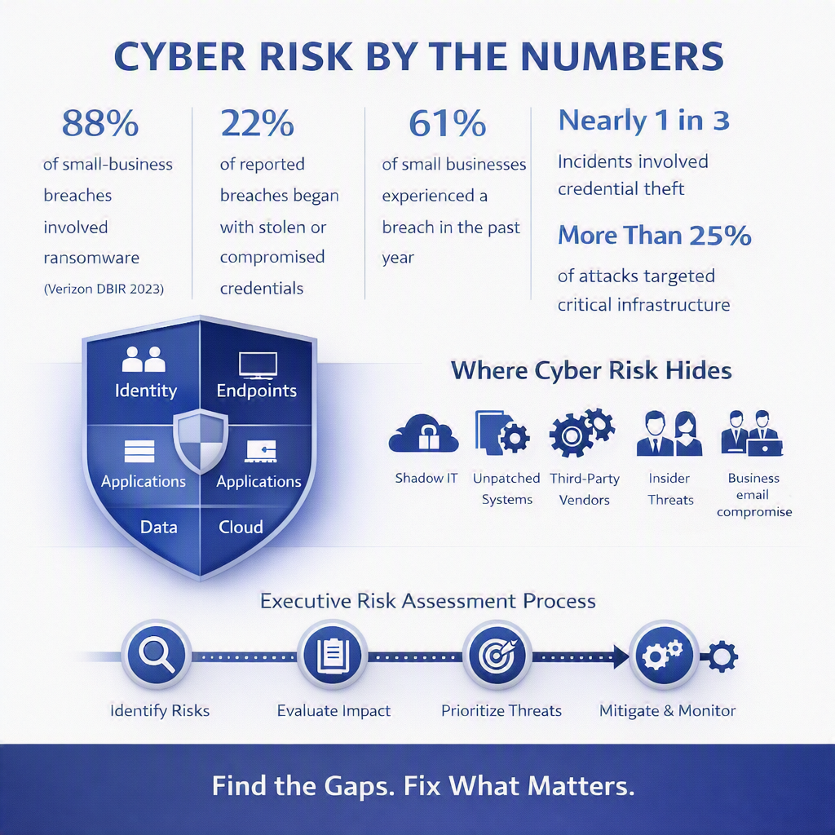 Most organizations aren't breached because they lack technology. They're breached because operational, security, and governance gaps remain hidden until an attacker discovers them first. Read the cybersecurity risk assessment.